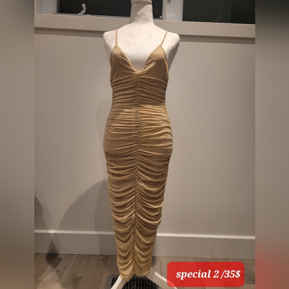 Elegant Ruched Tan Dress